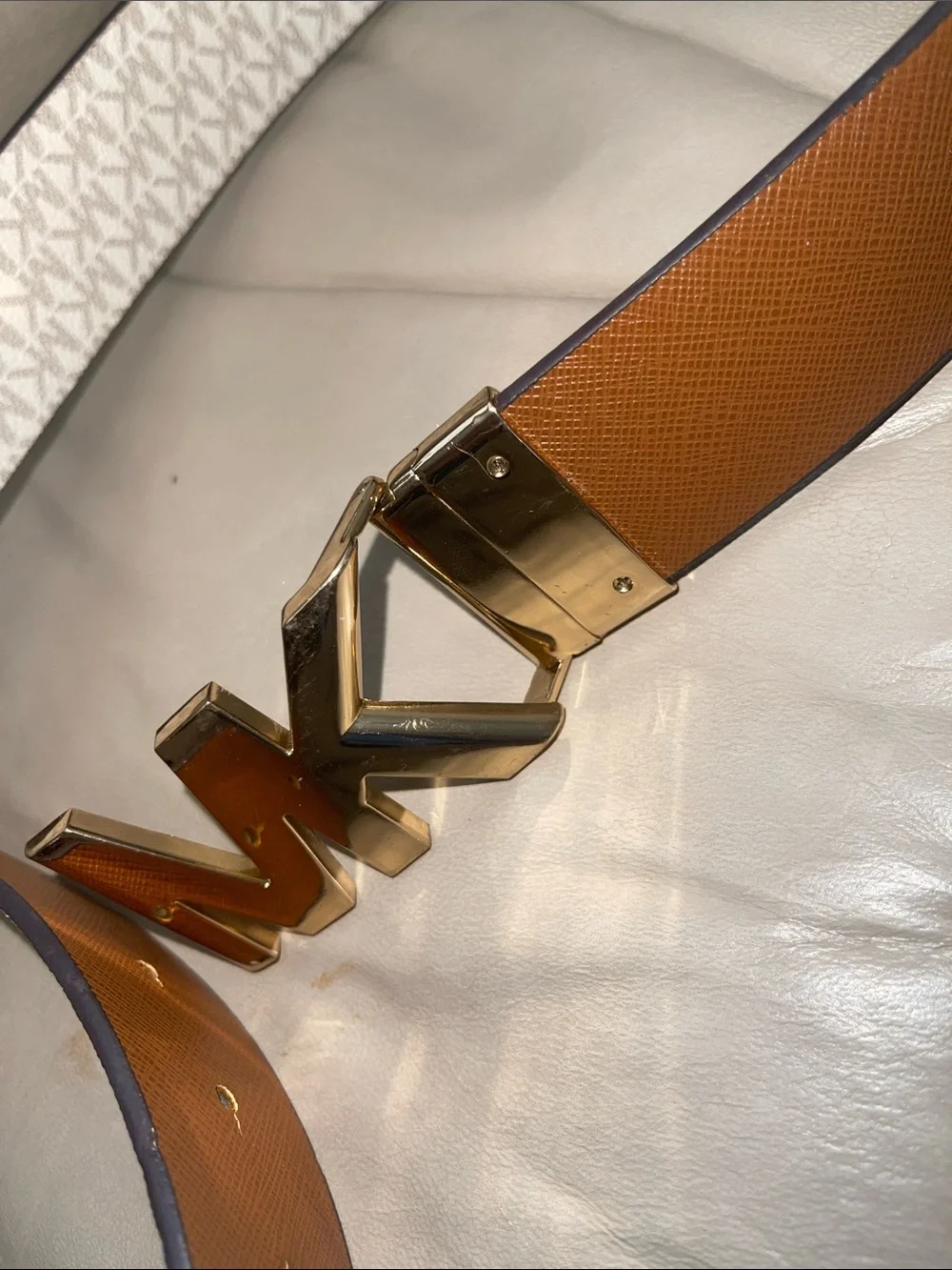 Michael Kors Reversible Belt Brown and White with Gold MK Buckle Size 38-42